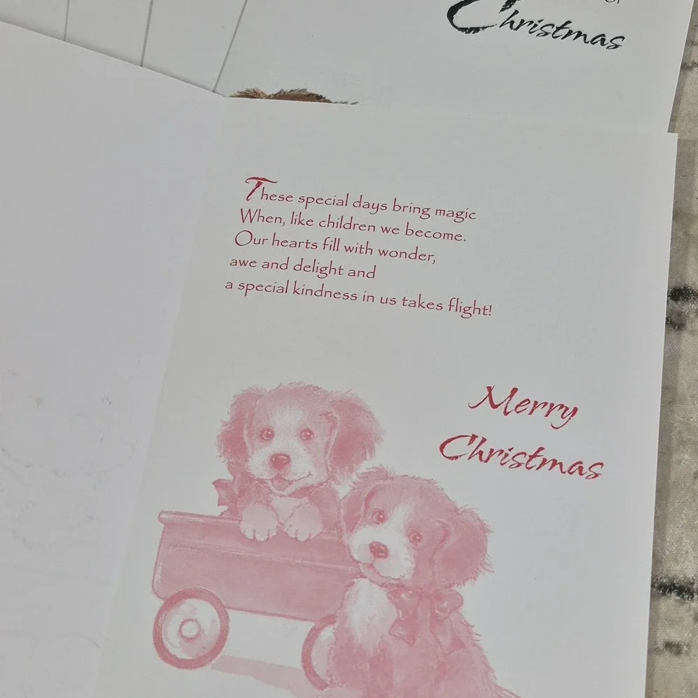 Holiday Friends Christmas Cards Embossed Puppies In A Wagon Lot Of 6